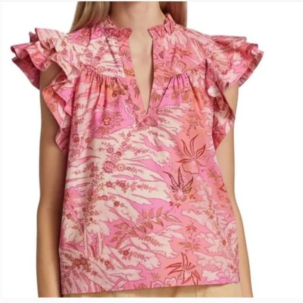 New Ulla Johnson Lei Ruffled Printed Cotton-poplin Blouse In Camellia Pink Sz 0